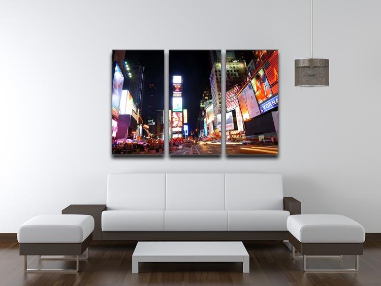A stunning 3-panel canvas artwork featuring Times Square and Broadway theaters, showcasing vibrant colors and intricate details.