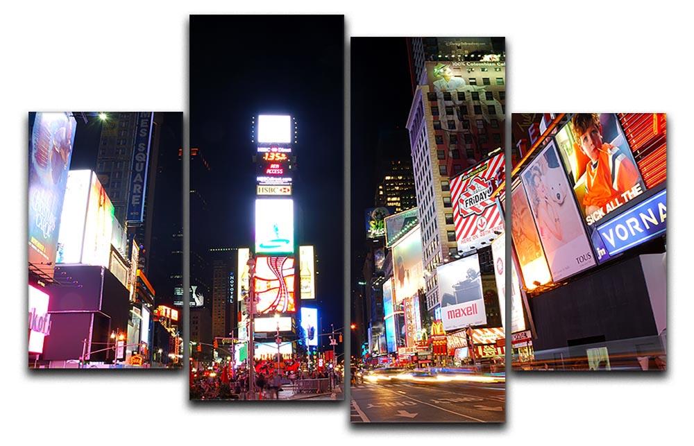 A vibrant 4-split canvas artwork depicting Times Square with Broadway theaters, showcasing dynamic colors and lively scenes.