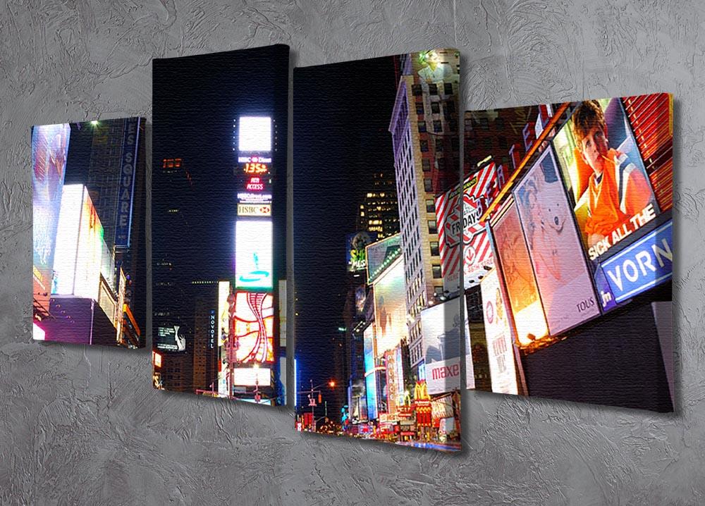 A vibrant 4-split canvas artwork depicting Times Square with Broadway theaters, showcasing dynamic colors and lively scenes.