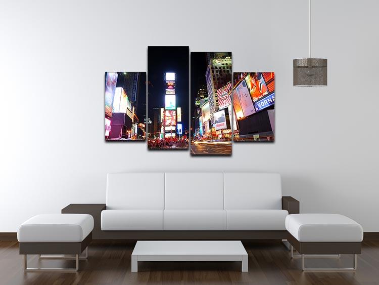 A vibrant 4-split canvas artwork depicting Times Square with Broadway theaters, showcasing dynamic colors and lively scenes.