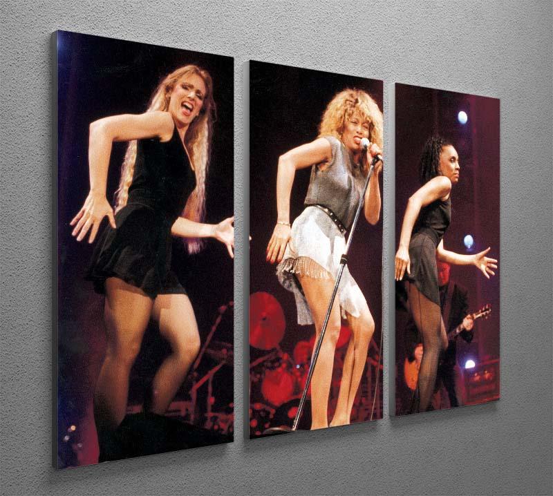 Tina Turner performing on stage, depicted in a stunning 3-panel canvas print, showcasing vibrant colors and dynamic energy.
