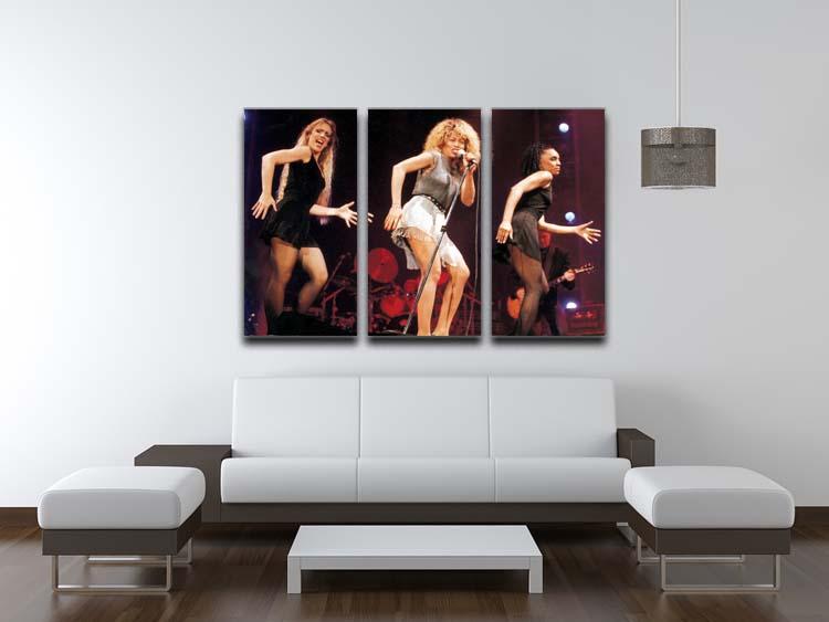 Tina Turner performing on stage, depicted in a stunning 3-panel canvas print, showcasing vibrant colors and dynamic energy.