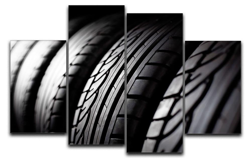 A vibrant 4-split canvas artwork featuring a tire stack design, showcasing dynamic colors and textures across four panels.