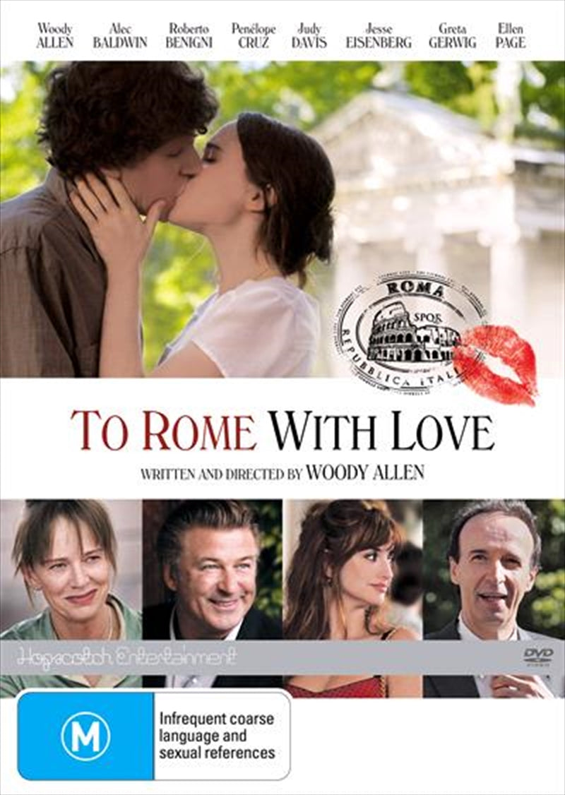 To Rome With Love DVD cover featuring Woody Allen and a romantic backdrop of Rome.