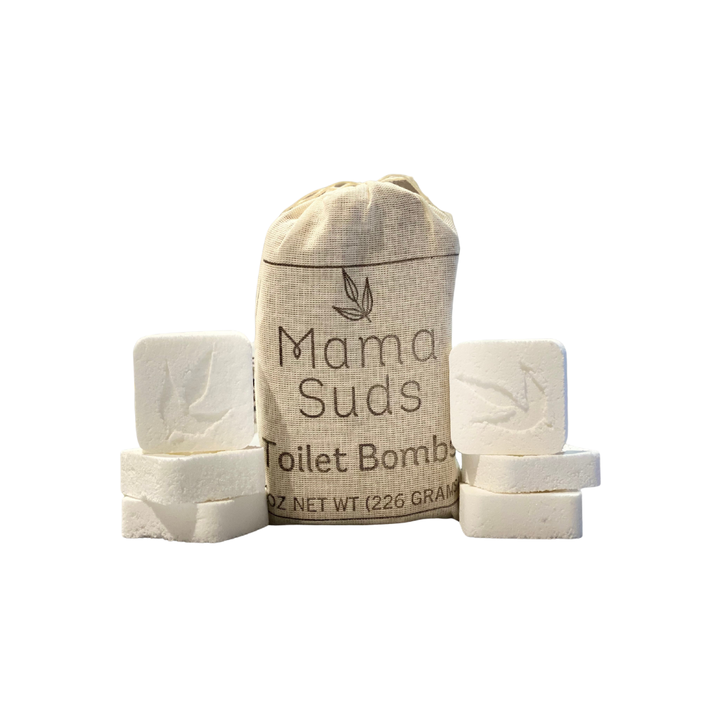 Mama Suds Toilet Bombs set in a muslin bag, featuring five fizzing cleaning tabs with a fresh mint and rosemary scent.