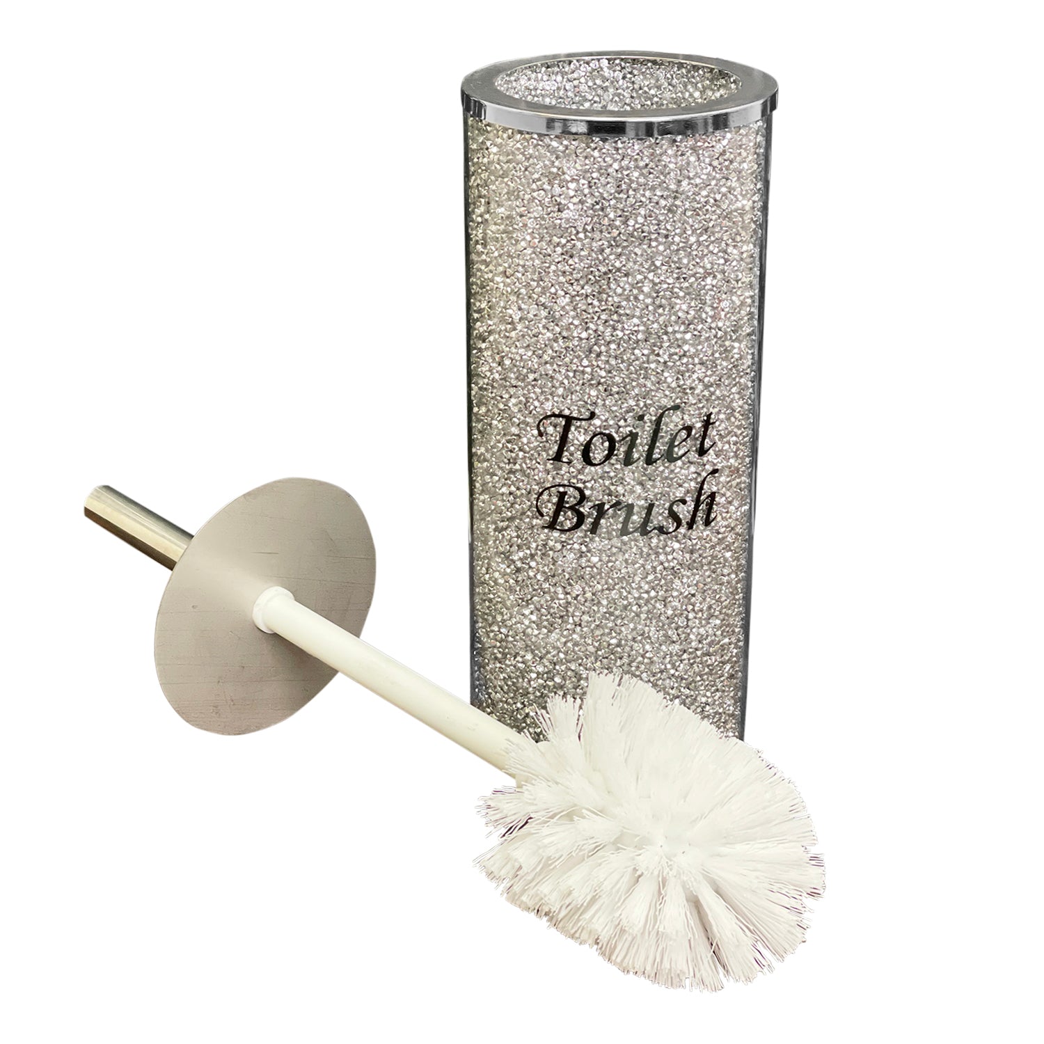 Elegant silver crushed diamond toilet brush holder with chrome accents, displayed in a gift box.