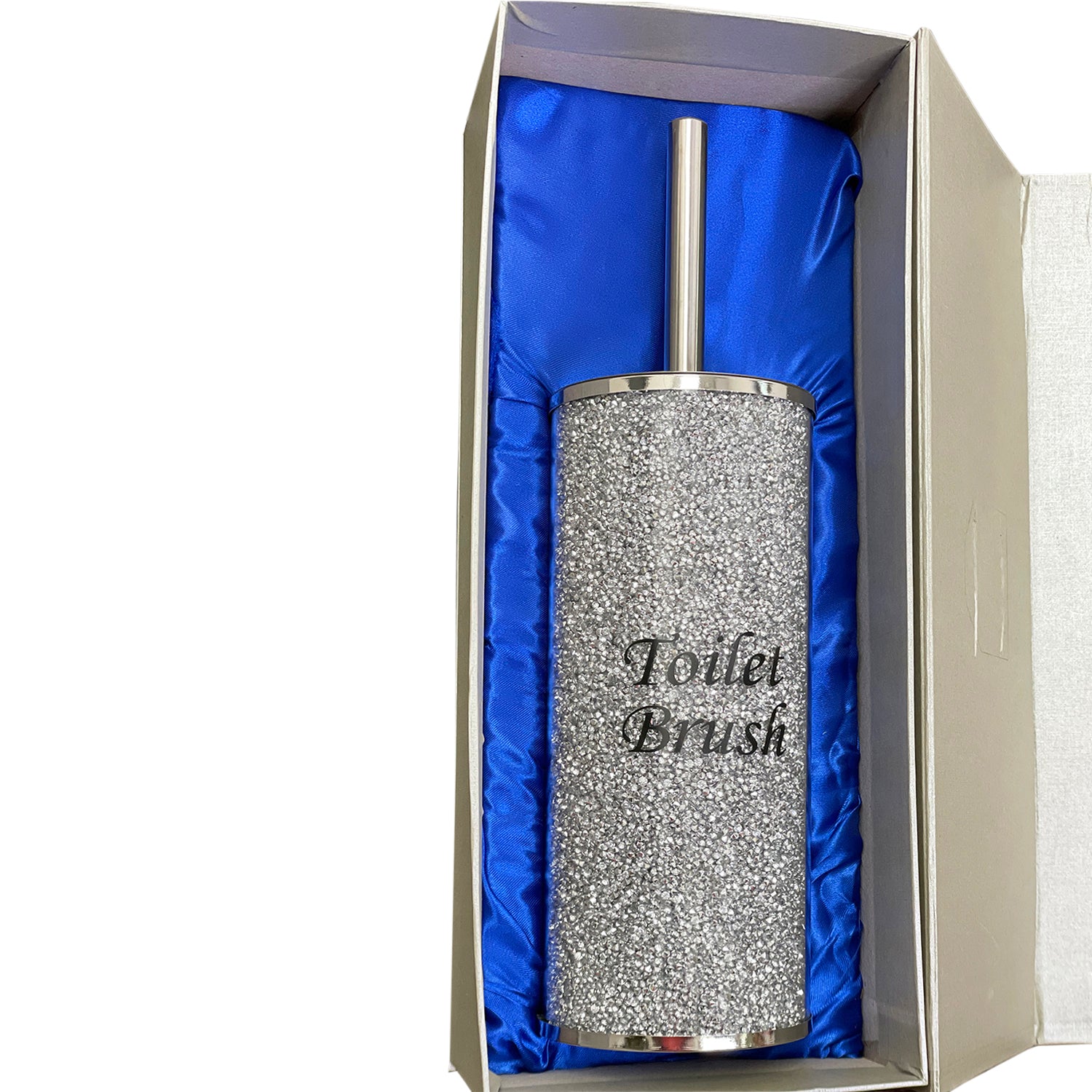 Elegant silver crushed diamond toilet brush holder with chrome accents, displayed in a gift box.