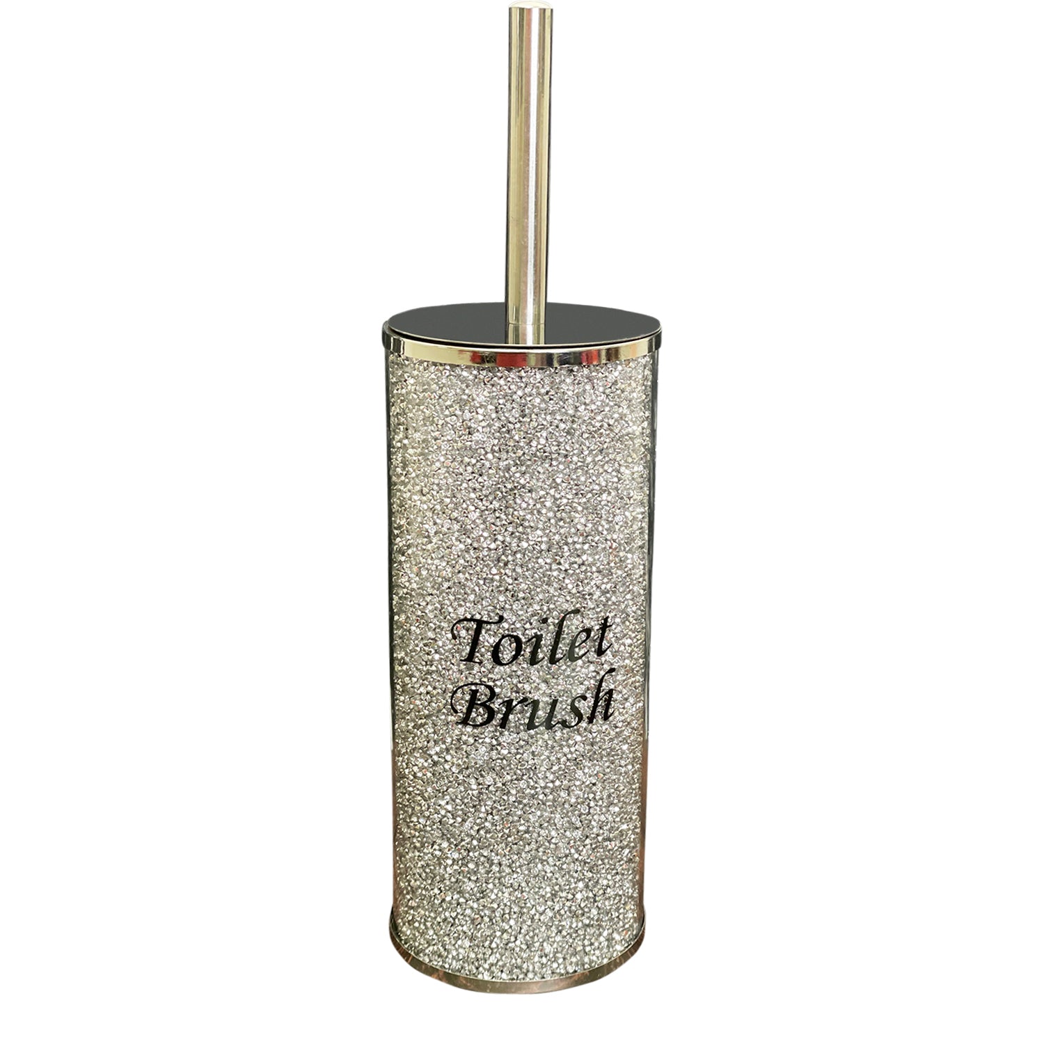 Elegant silver crushed diamond toilet brush holder with chrome accents, displayed in a gift box.