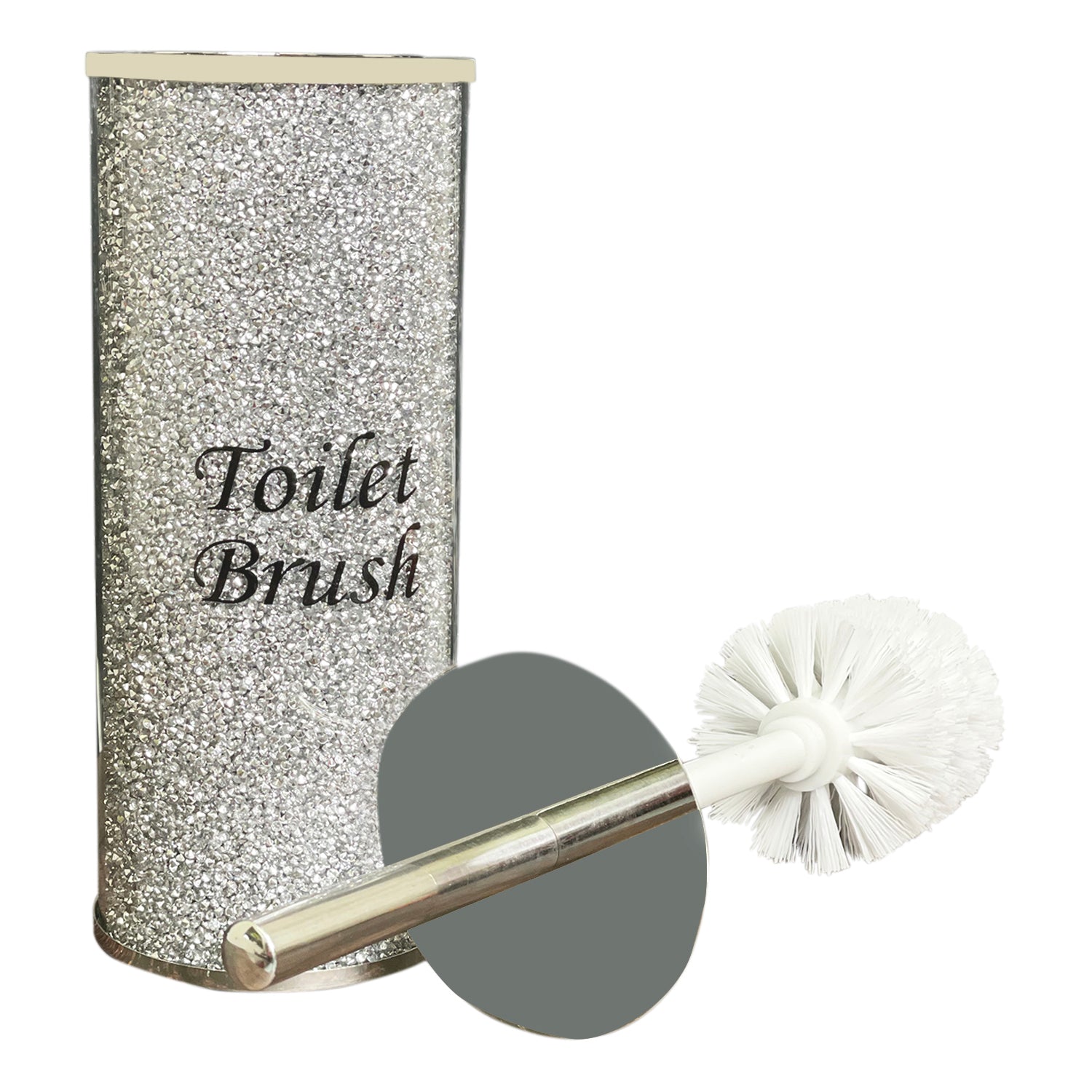 Elegant silver crushed diamond toilet brush holder with chrome accents, displayed in a gift box.