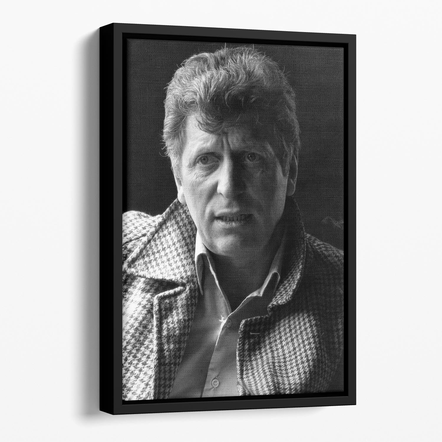 Tom Baker in 1982 Floating Framed Canvas featuring vibrant abstract colors in a handcrafted wooden frame.