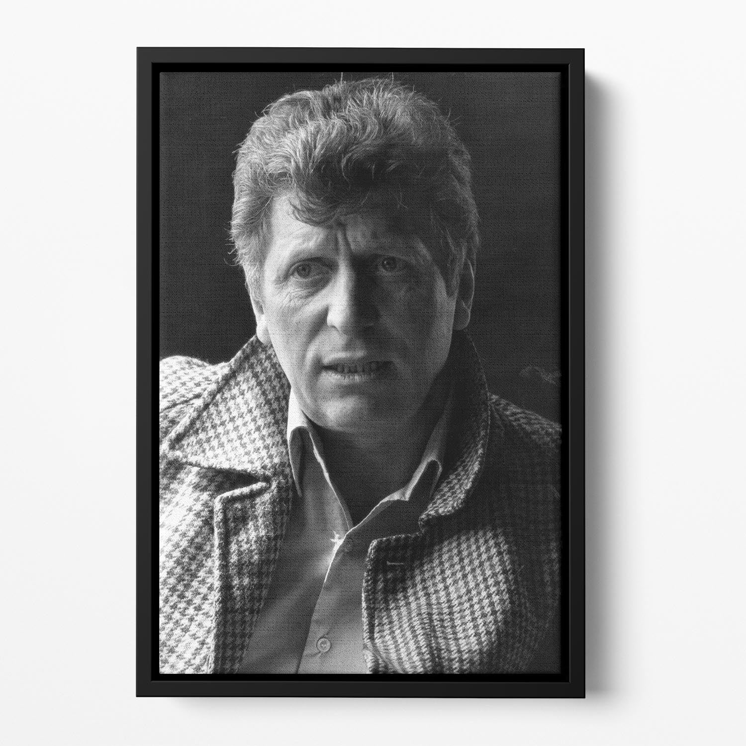 Tom Baker in 1982 Floating Framed Canvas featuring vibrant abstract colors in a handcrafted wooden frame.