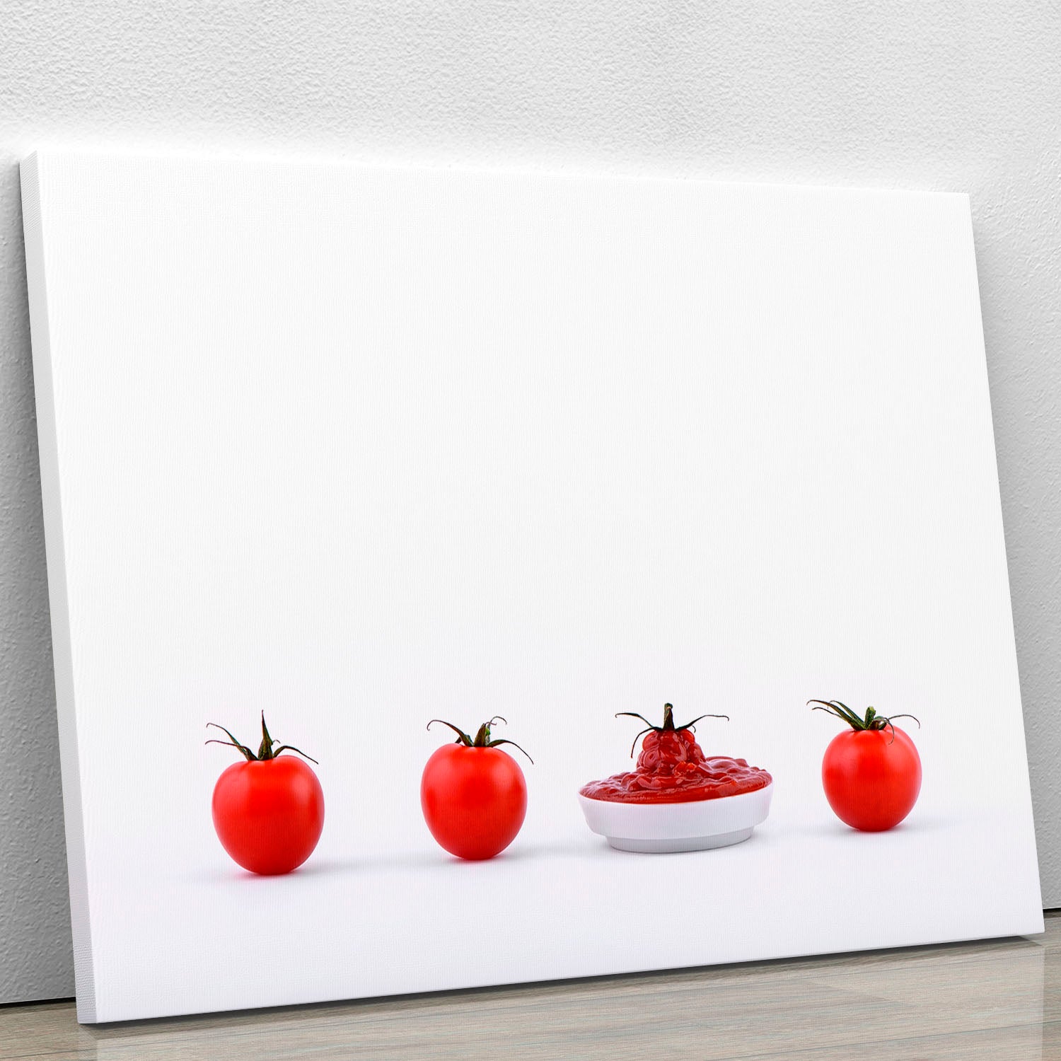 A vibrant canvas print featuring a tomato puree design, showcasing rich colors and artistic flair, perfect for home decor.