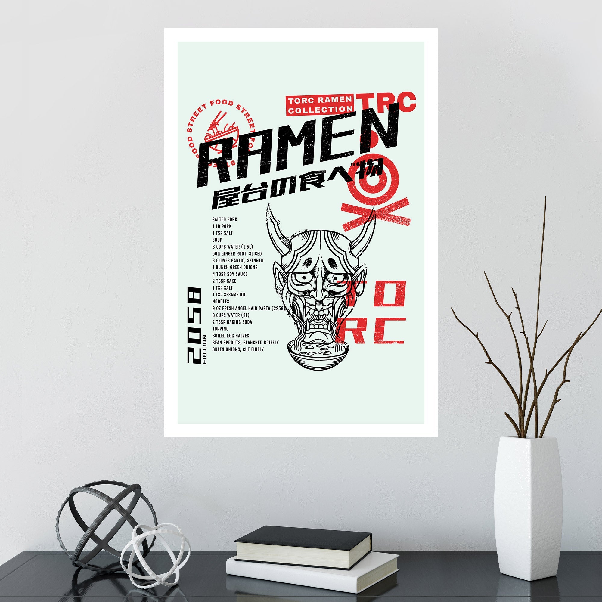 A colorful TORC Street Food Poster featuring various street food items, perfect for home decor.