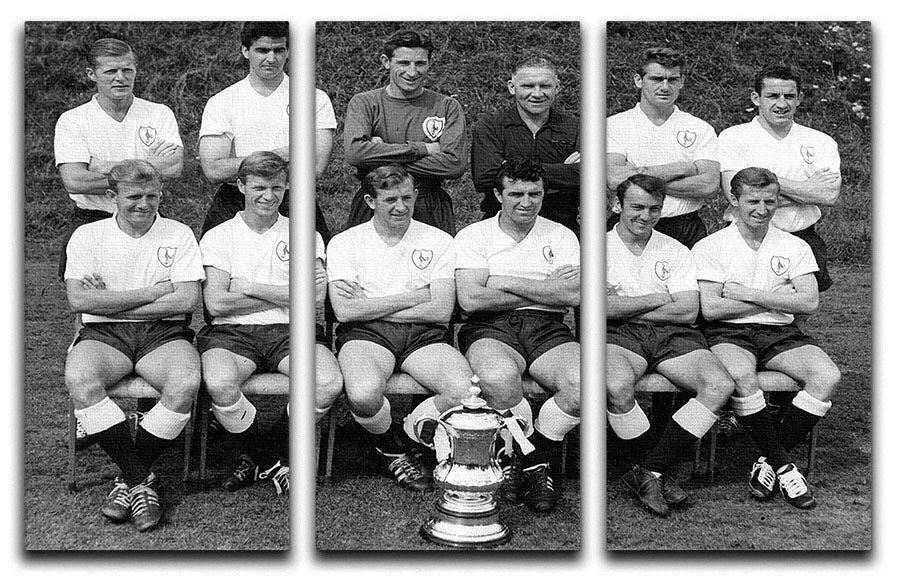 Three-panel canvas print featuring Tottenham Hotspur 1962-63 team with FA Cup, showcasing vibrant colors and detailed design.