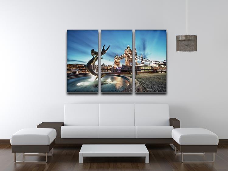 A stunning 3-panel canvas print featuring Tower Bridge and St Katharine Docks, showcasing vibrant colors and intricate details.