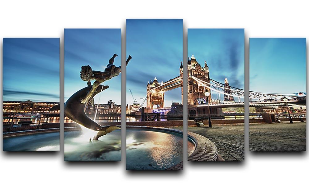 A 5-panel canvas artwork featuring Tower Bridge and St Katharine Docks, showcasing vibrant colors and intricate details.