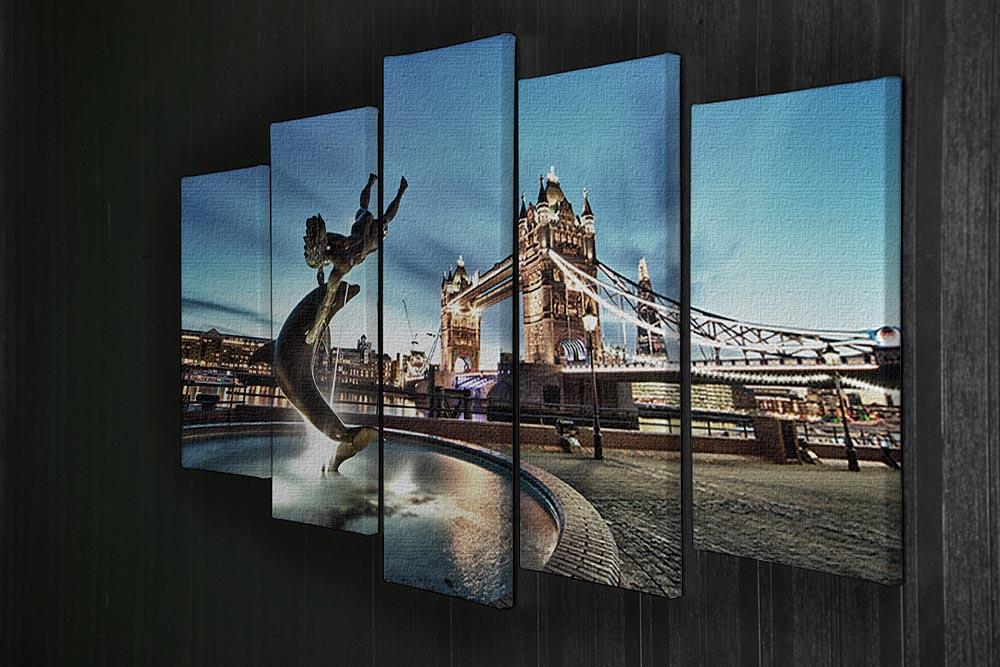 A 5-panel canvas artwork featuring Tower Bridge and St Katharine Docks, showcasing vibrant colors and intricate details.