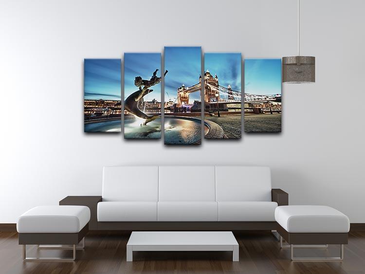 A 5-panel canvas artwork featuring Tower Bridge and St Katharine Docks, showcasing vibrant colors and intricate details.