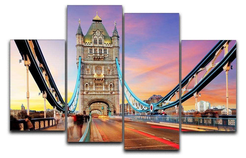 A vibrant 4-split canvas artwork depicting Tower Bridge in motion, showcasing dynamic colors and a modern design.