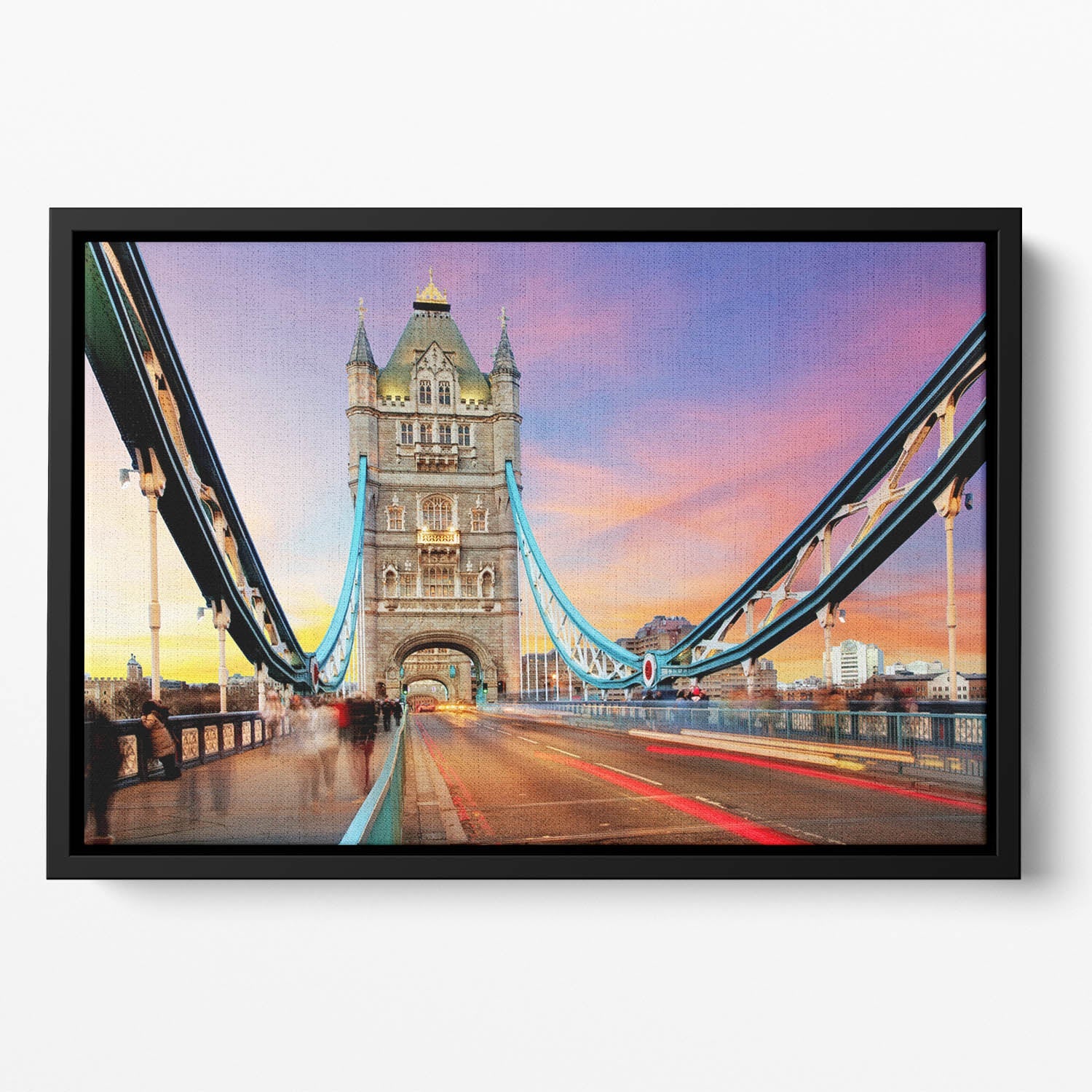 Tower Bridge Motion Floating Framed Canvas showcasing vibrant abstract design in a handcrafted wooden frame.