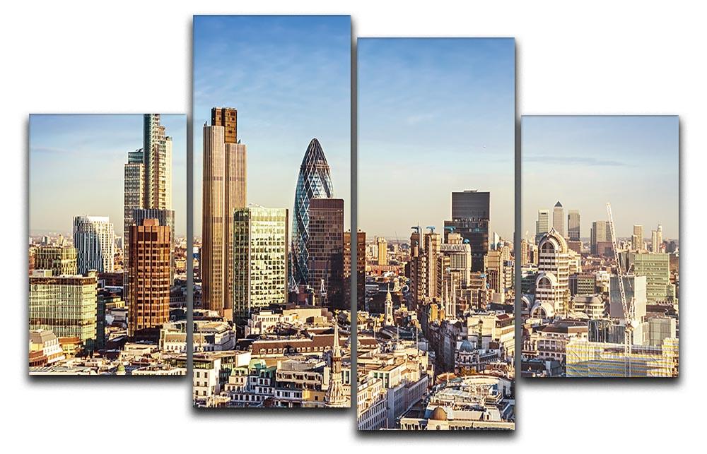 A stunning 4-split canvas artwork featuring the iconic Lloyds of London and Canary Wharf skyline, showcasing vibrant colors and intricate details.
