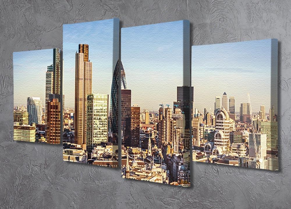 A stunning 4-split canvas artwork featuring the iconic Lloyds of London and Canary Wharf skyline, showcasing vibrant colors and intricate details.
