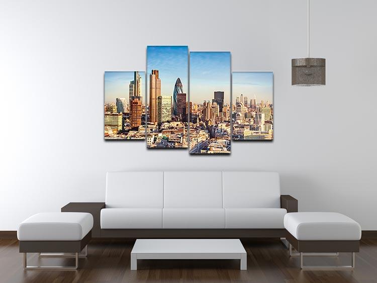 A stunning 4-split canvas artwork featuring the iconic Lloyds of London and Canary Wharf skyline, showcasing vibrant colors and intricate details.