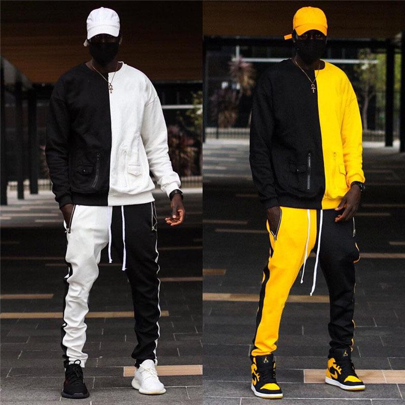 Men's winter tracksuit set featuring a hooded jacket and pants in a stylish geometric pattern, perfect for running and casual wear.