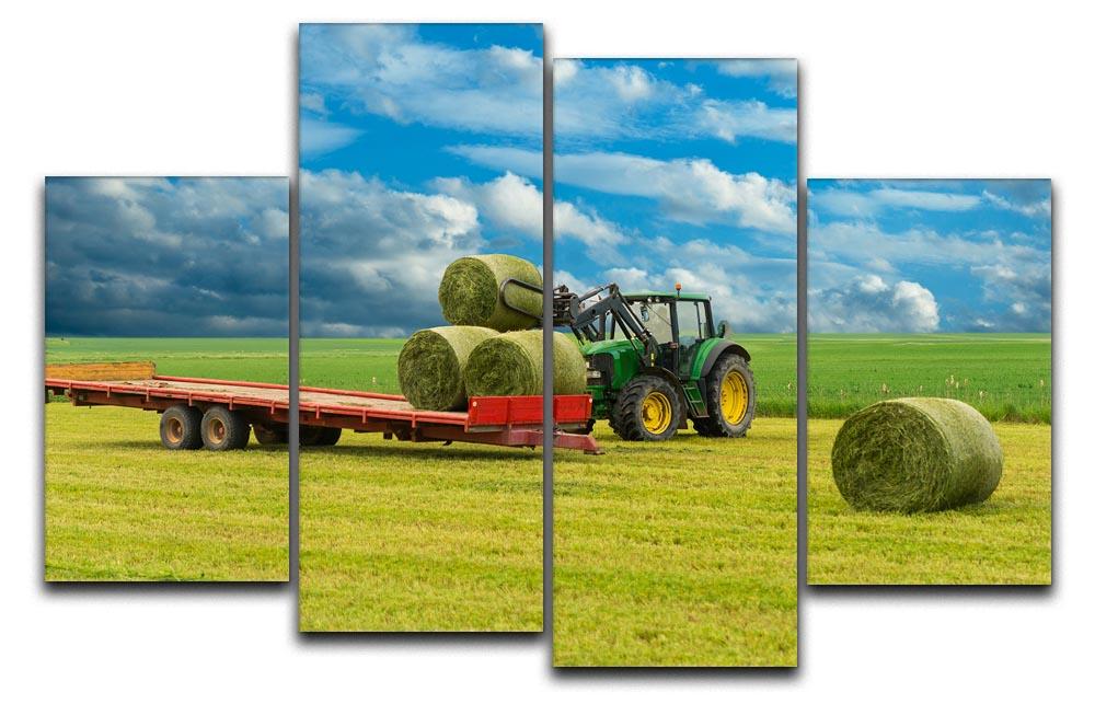 A 4-split canvas artwork featuring a tractor and trailer loaded with hay bales, showcasing rustic charm and vibrant colors.