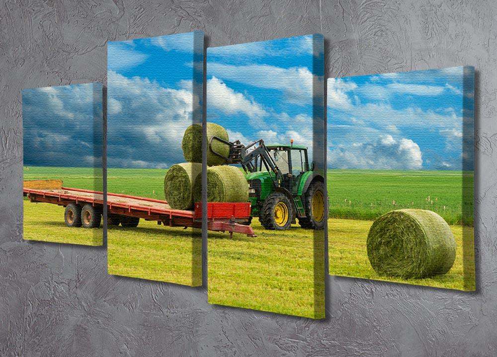 A 4-split canvas artwork featuring a tractor and trailer loaded with hay bales, showcasing rustic charm and vibrant colors.