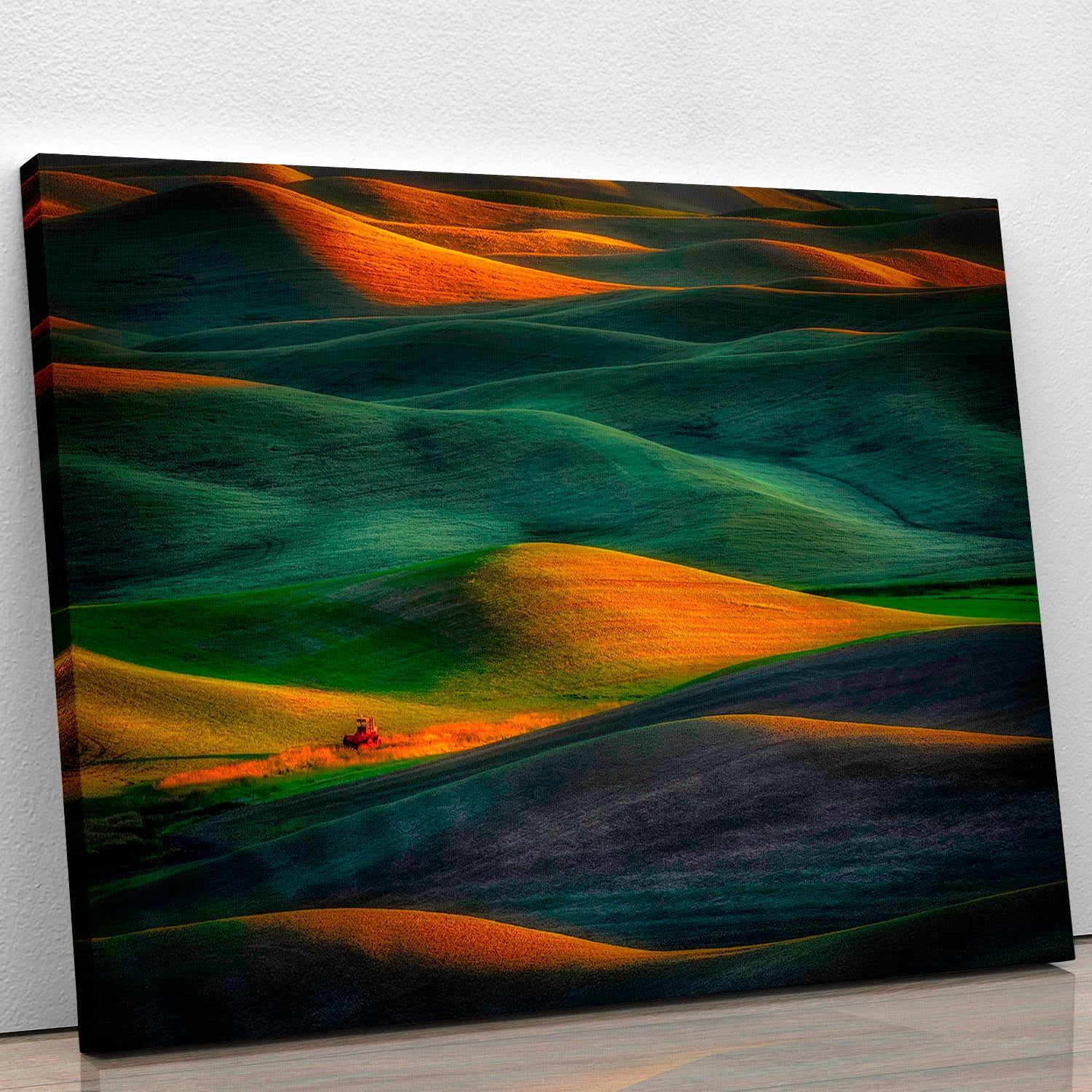 A vibrant Tractor Canvas Print showcasing a classic tractor in a picturesque rural setting, perfect for home or office decor.