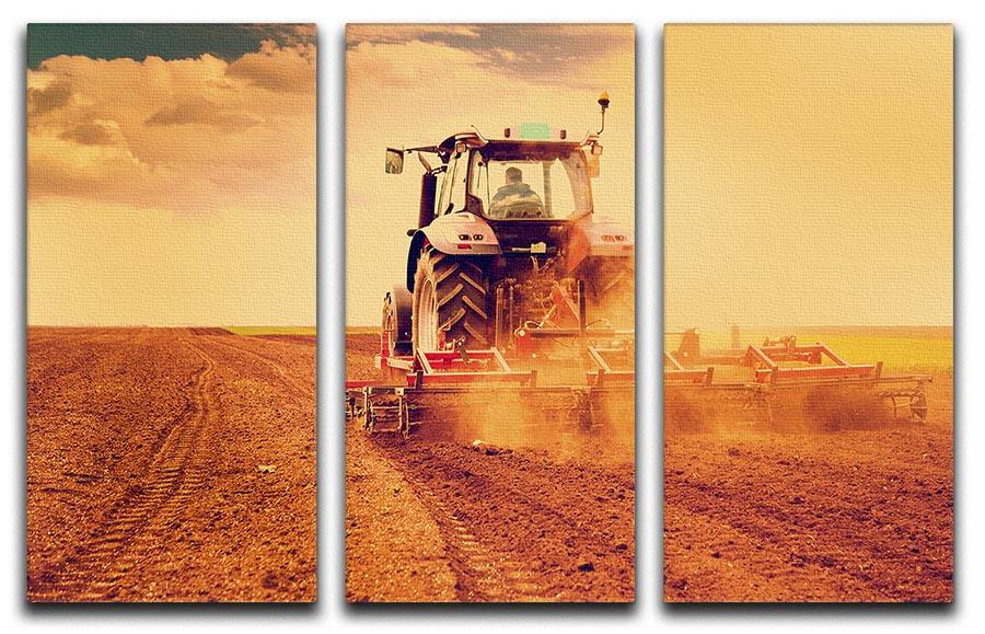 Tractor in sunset 3 split panel canvas print showcasing vibrant colors and rustic charm.