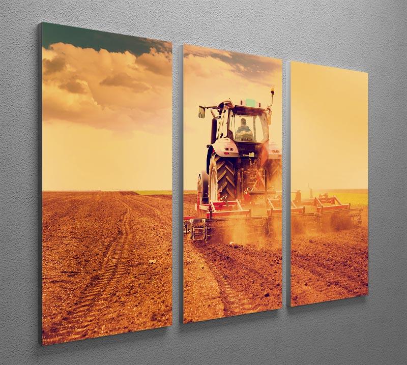 Tractor in sunset 3 split panel canvas print showcasing vibrant colors and rustic charm.