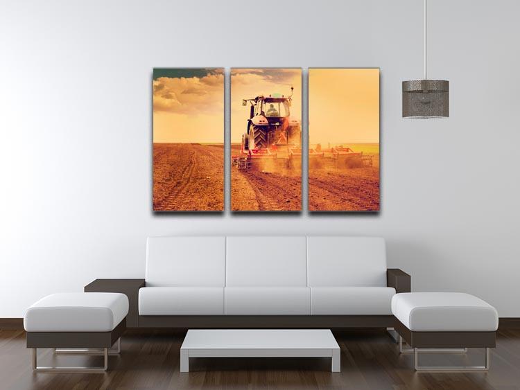 Tractor in sunset 3 split panel canvas print showcasing vibrant colors and rustic charm.