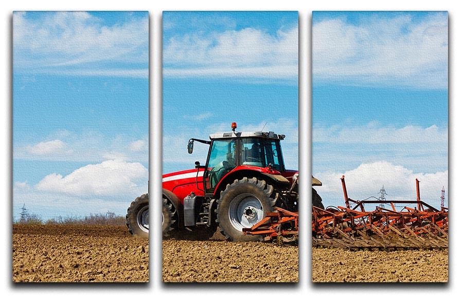 A beautiful 3-panel canvas print depicting a tractor plowing a field, showcasing vibrant colors and intricate details.