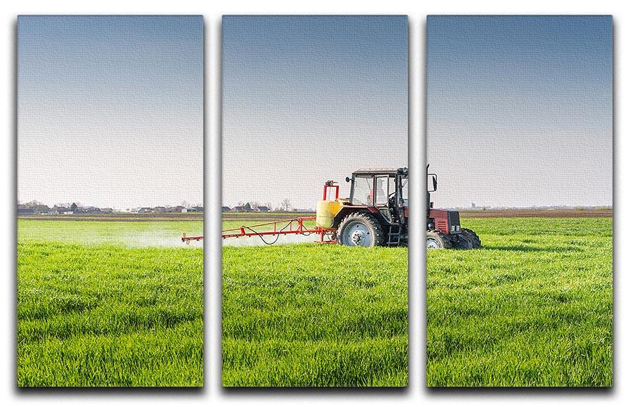 A beautiful 3-panel canvas print depicting a tractor spraying a lush wheat field, showcasing vibrant colors and intricate details.