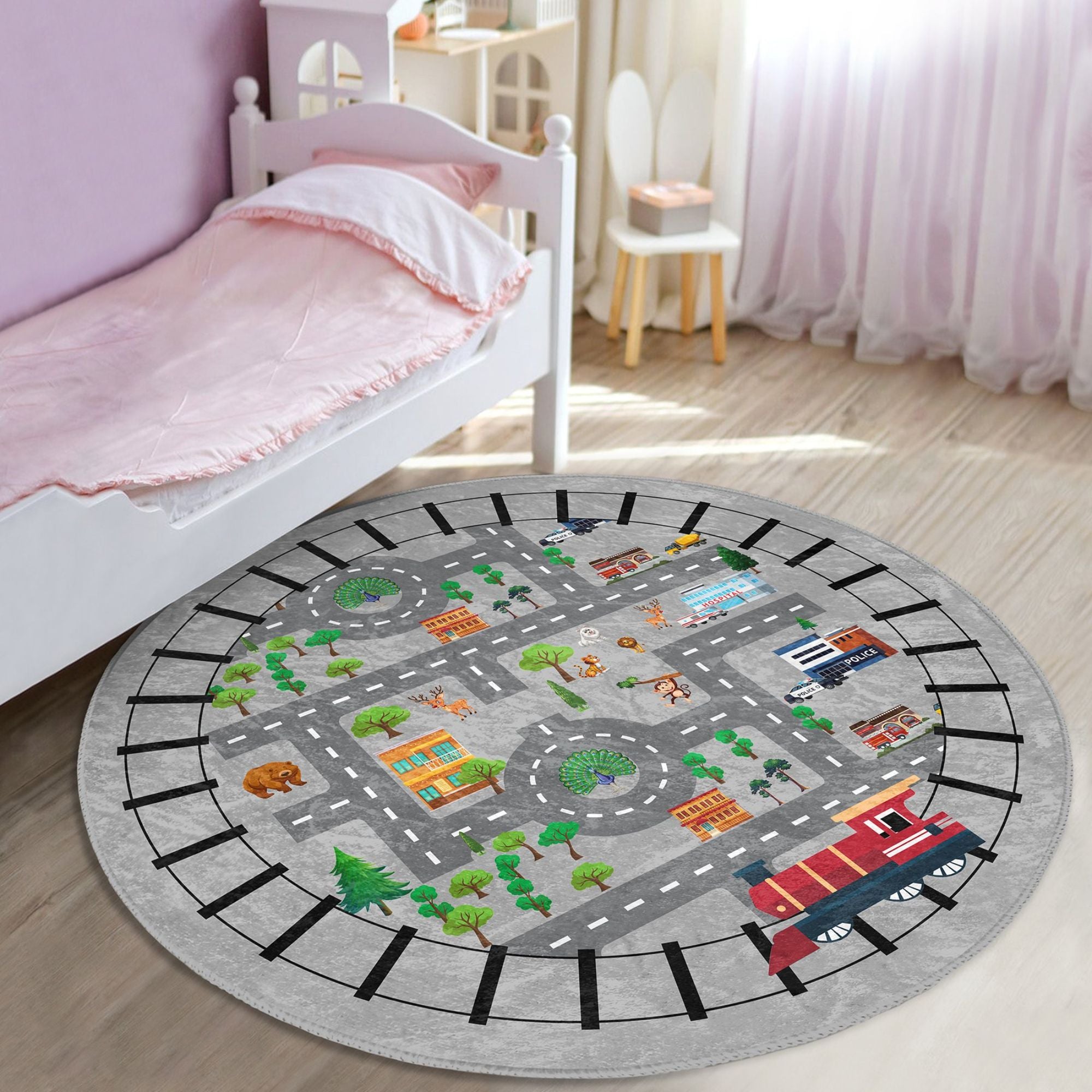 Colorful Train Rail Cover City Map Printed Kids Washable Rug featuring vibrant designs for imaginative play in a child's bedroom.