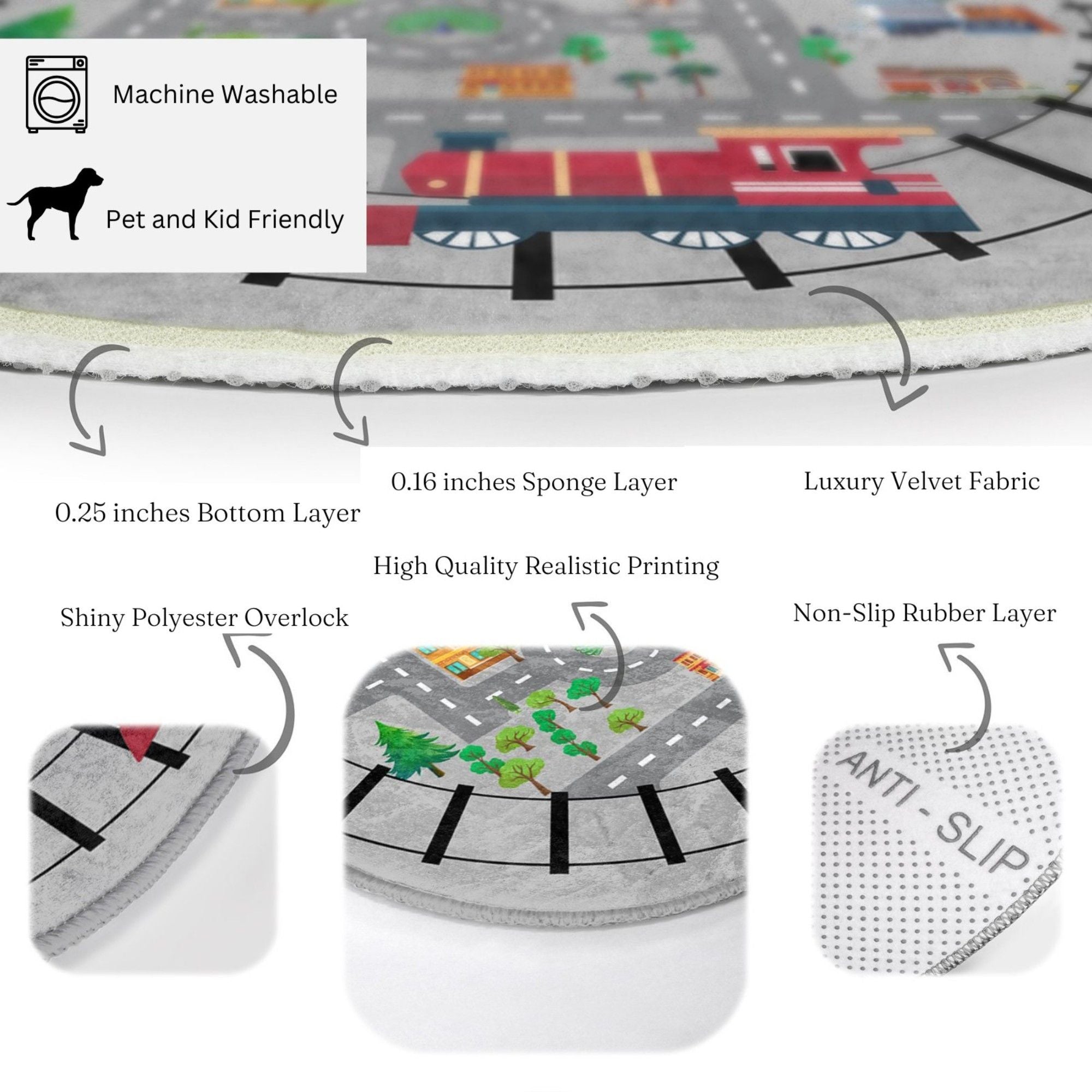 Colorful Train Rail Cover City Map Printed Kids Washable Rug featuring vibrant designs for imaginative play in a child's bedroom.