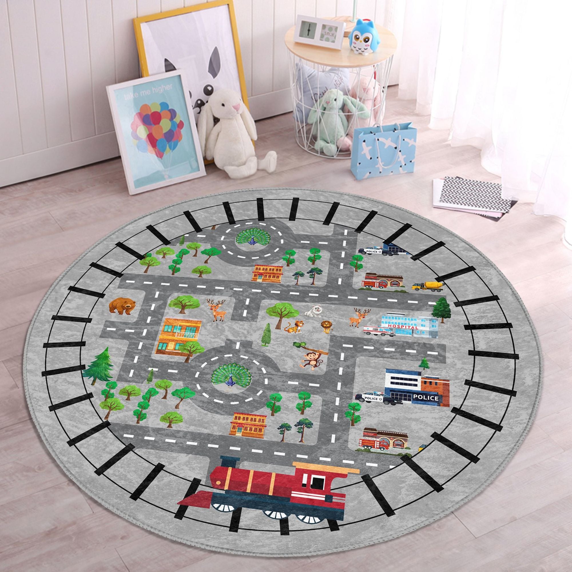 Colorful Train Rail Cover City Map Printed Kids Washable Rug featuring vibrant designs for imaginative play in a child's bedroom.