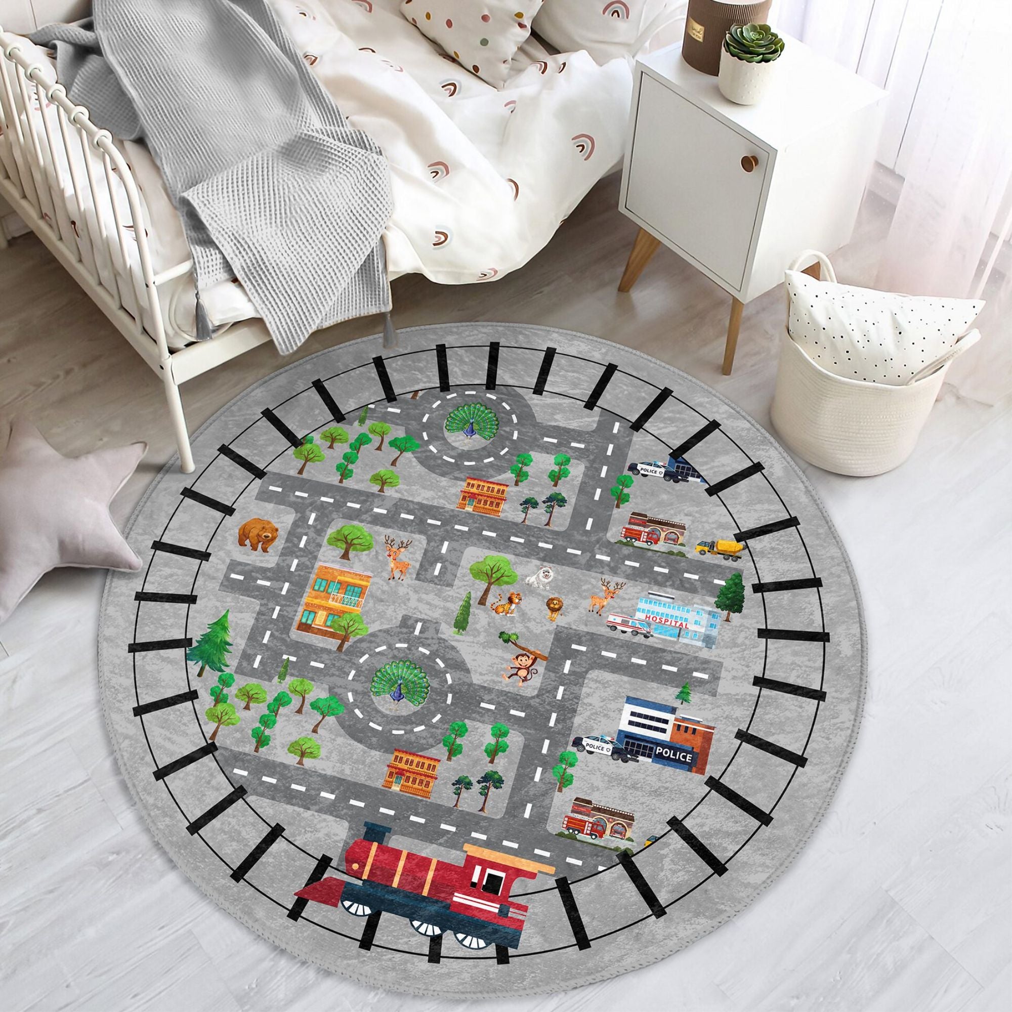 Colorful Train Rail Cover City Map Printed Kids Washable Rug featuring vibrant designs for imaginative play in a child's bedroom.