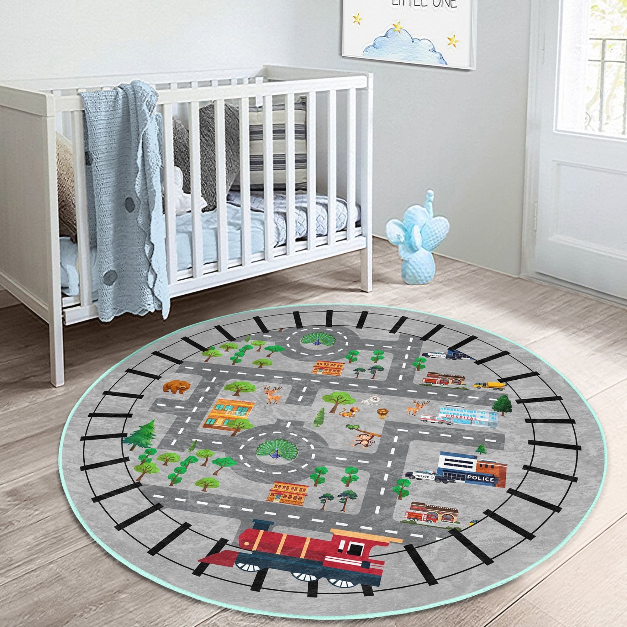 Colorful Train Rail Cover City Map Printed Kids Washable Rug featuring vibrant designs for imaginative play in a child's bedroom.