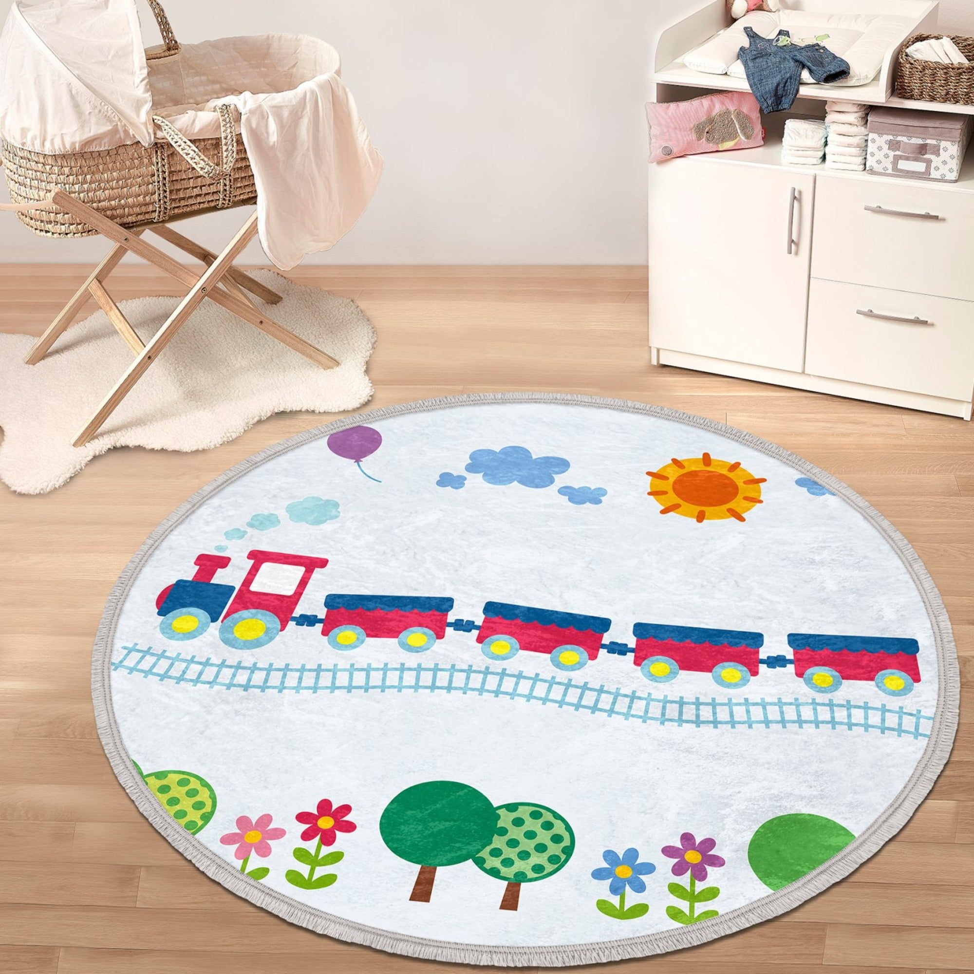 Train Round Rug featuring a colorful train design, made of soft velvet fabric, perfect for kids' rooms and nurseries.