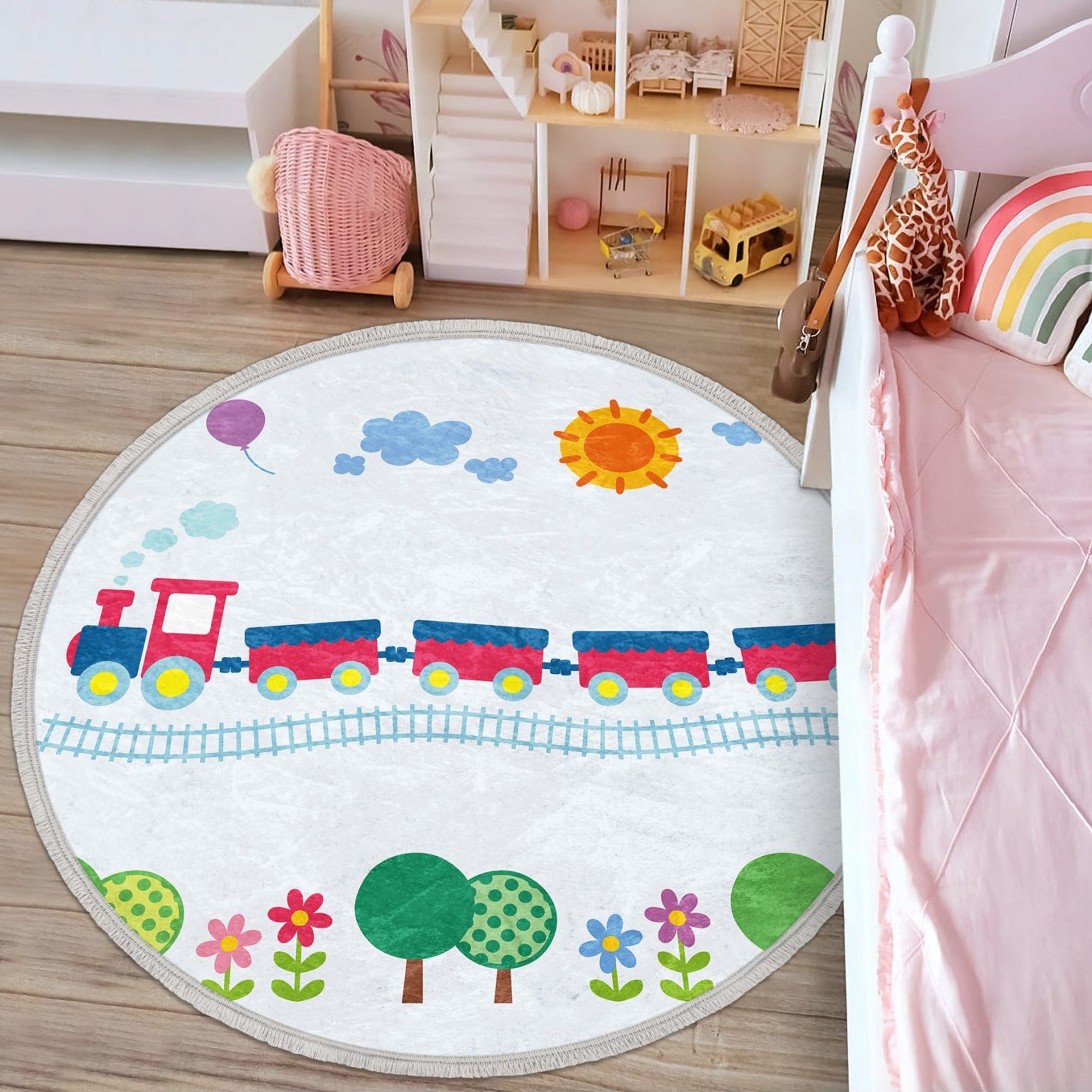 Train Round Rug featuring a colorful train design, made of soft velvet fabric, perfect for kids' rooms and nurseries.
