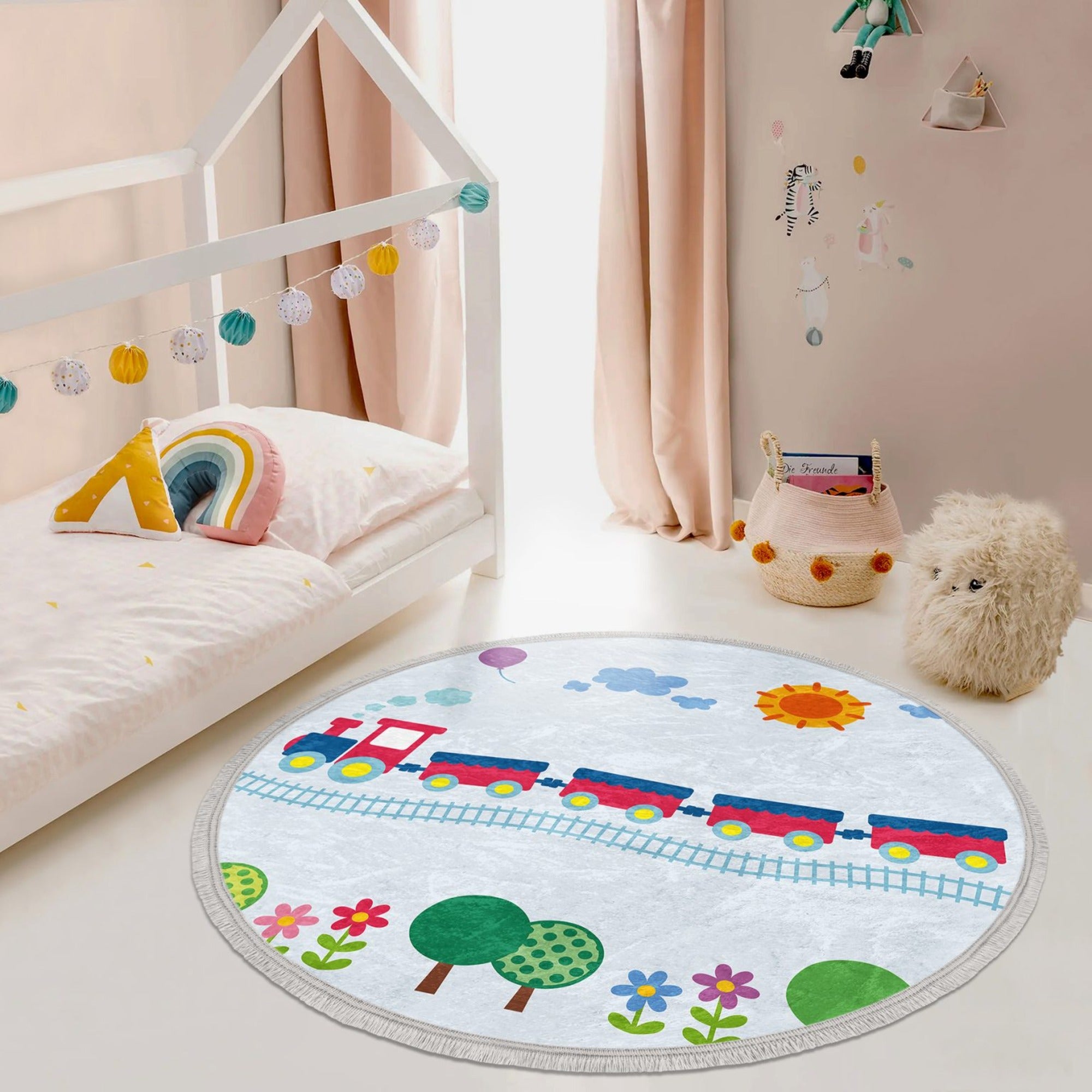 Train Round Rug featuring a colorful train design, made of soft velvet fabric, perfect for kids' rooms and nurseries.