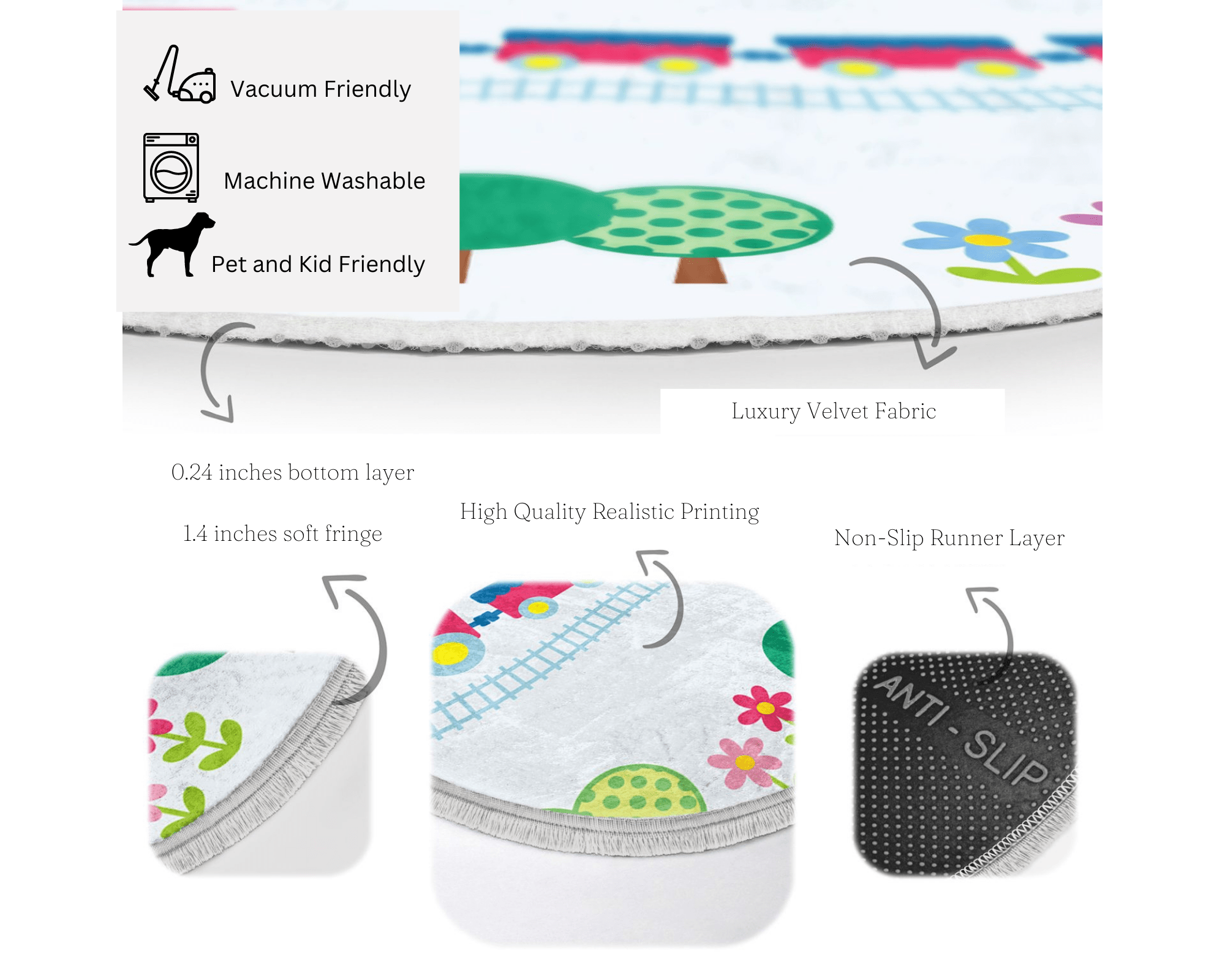 Train Round Rug featuring a colorful train design, made of soft velvet fabric, perfect for kids' rooms and nurseries.