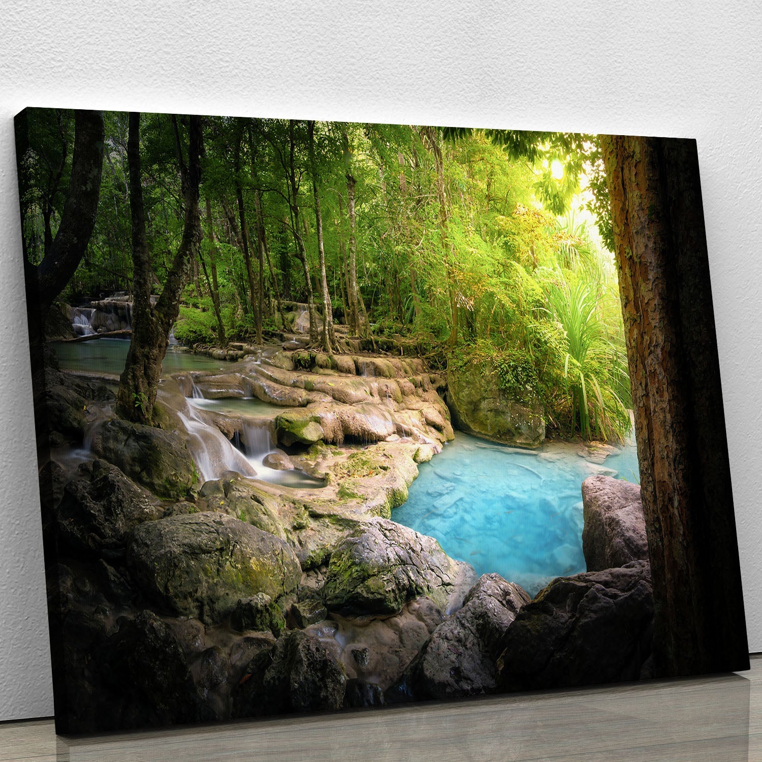 A serene canvas print featuring tranquil nature scenery, showcasing lush greenery and peaceful landscapes, perfect for home decor.