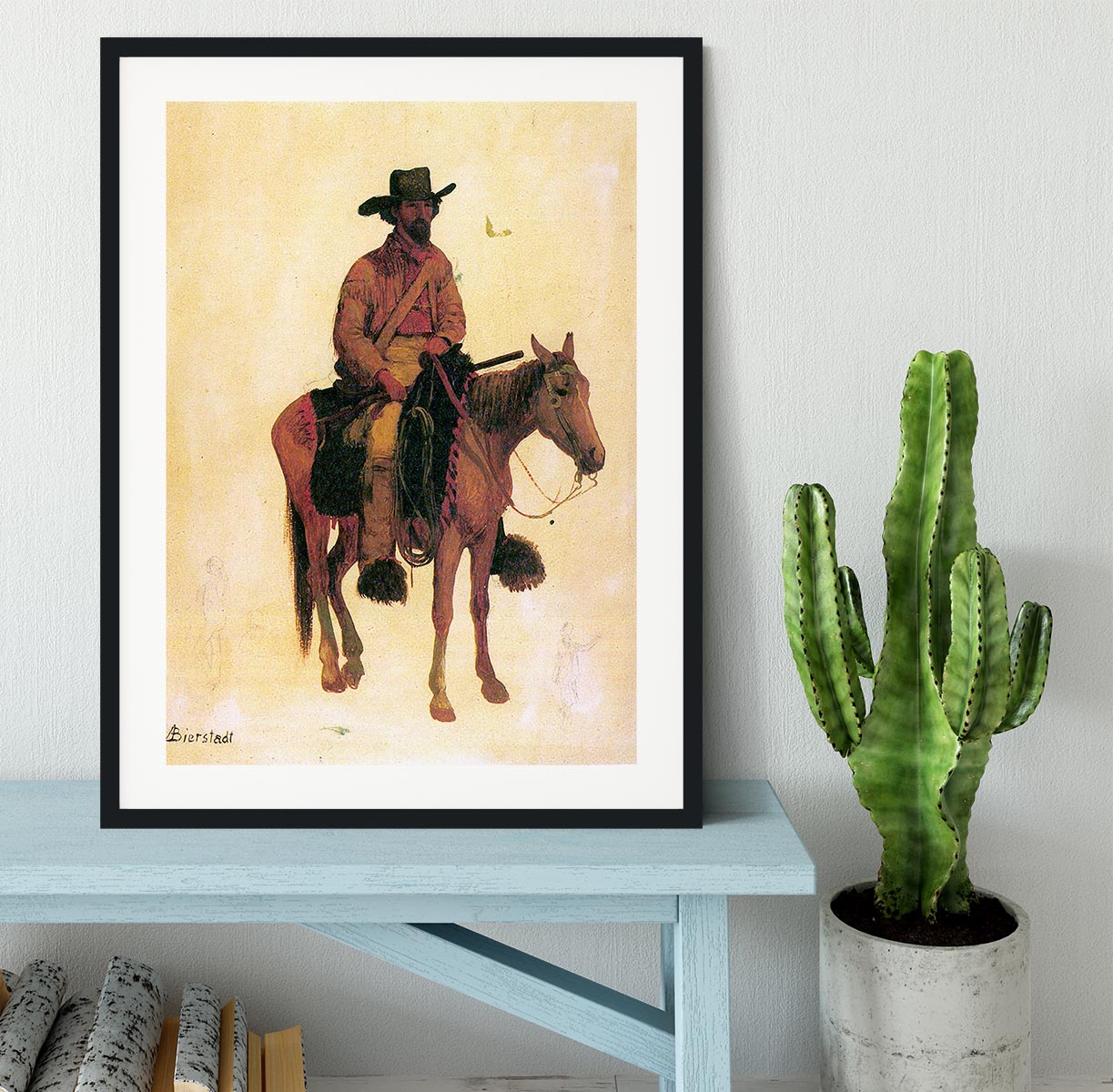 Trapper by Bierstadt framed print showcasing vibrant landscape art in a handmade black frame.