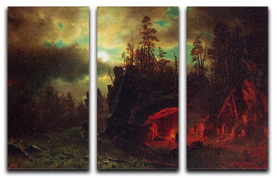 Trapper's Camp by Bierstadt 3-panel canvas print showcasing a beautiful landscape scene.