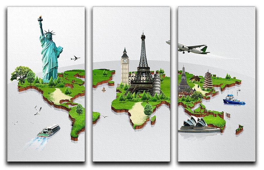Travel the World Concept 3 Split Panel Canvas Print featuring three panels with vibrant travel-themed artwork.