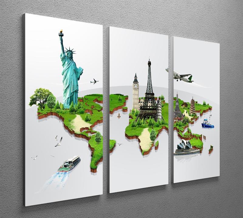 Travel the World Concept 3 Split Panel Canvas Print featuring three panels with vibrant travel-themed artwork.